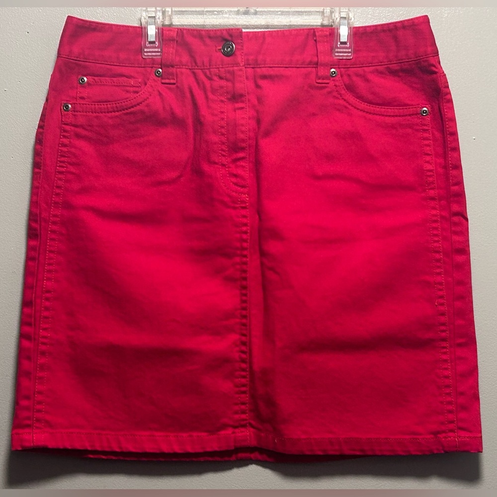 Ann Taylor Red Denim Pencil Skirt w/ Pockets and Front Zipper Closure Size 12